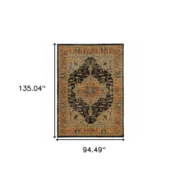 8' x 11' Oriental Power Loom Area Rug - Black And Gold