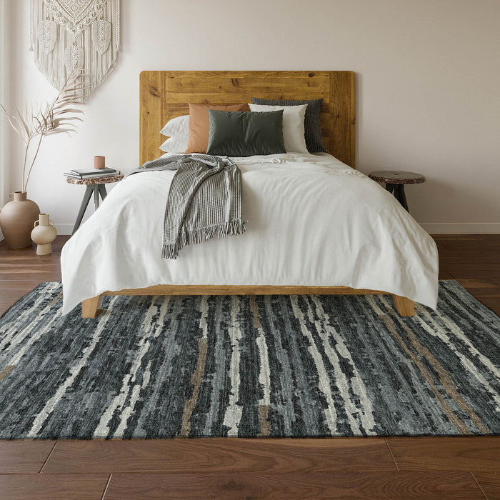 10' X 14' Striped Washable Area Rug With UV Protection - Graphite And Ivory