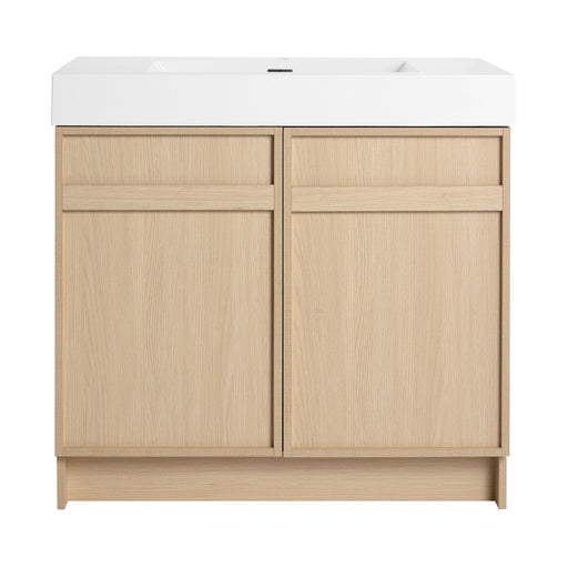 Giga freestanding bathroom vanity with resin sink and soft-close cabinet doors, modern design, white finish, in a bathroom setting.