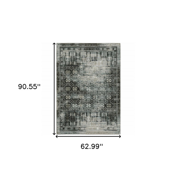 5' x 8' Oriental Power Loom Stain Resistant Area Rug - Charcoal Gray Blue Ivory And Taupe