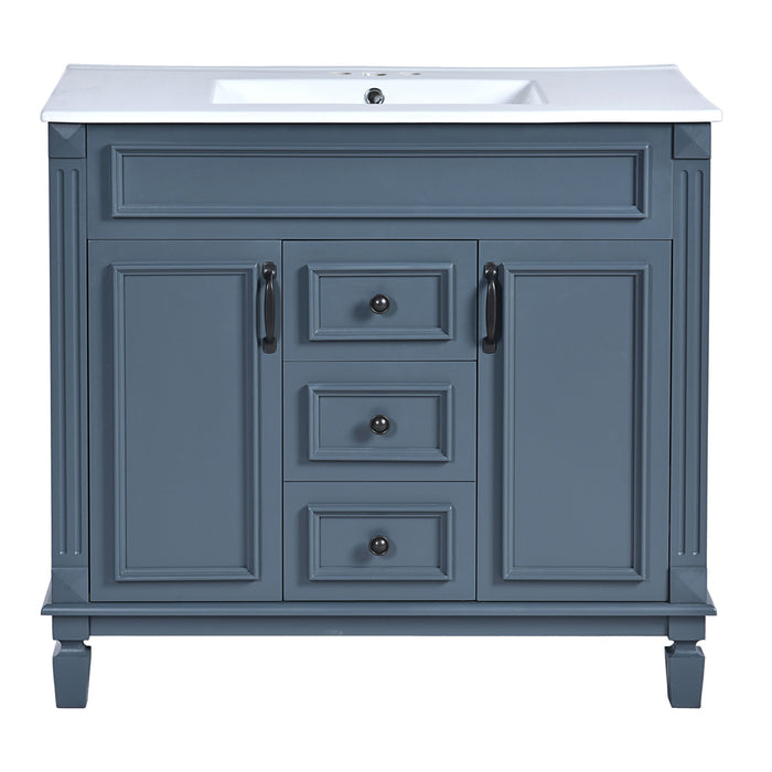 Giga 36-inch blue bathroom vanity with top sink, basin on cabinet, soft closing doors, and two drawers, modern bathroom storage
