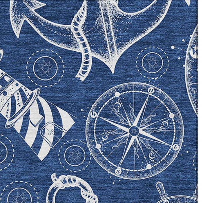 9' X 12' Nautical Washable Area Rug With UV Protection - Navy Blue And Ivory