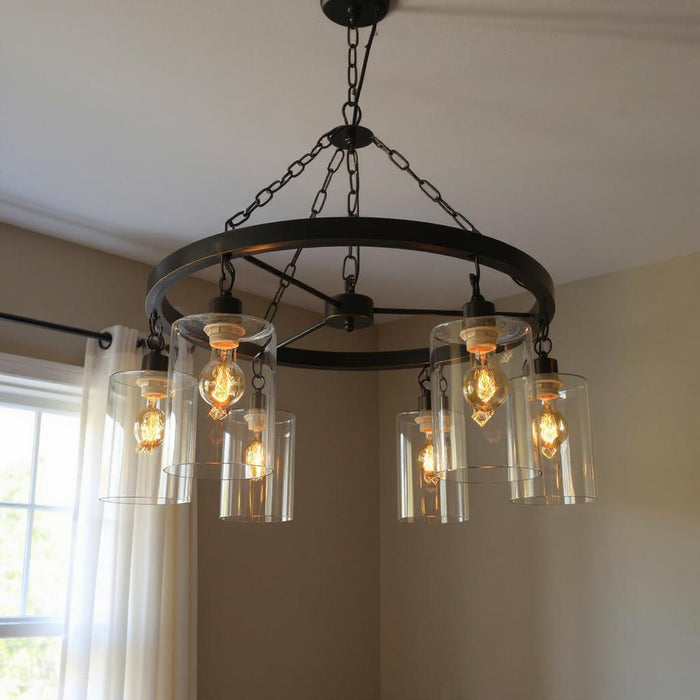 HomeRoots black metal chandelier with six transparent glass shades, modern lighting fixture for dining or living spaces.