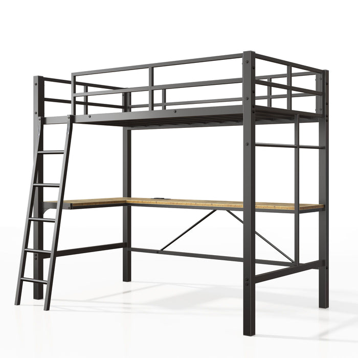 Giga twin metal loft bed with L-shaped desk, charging station, safety guard, ladder, no box spring, black finish.