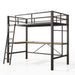 Giga twin metal loft bed with L-shaped desk, charging station, safety guard, ladder, no box spring, black finish.