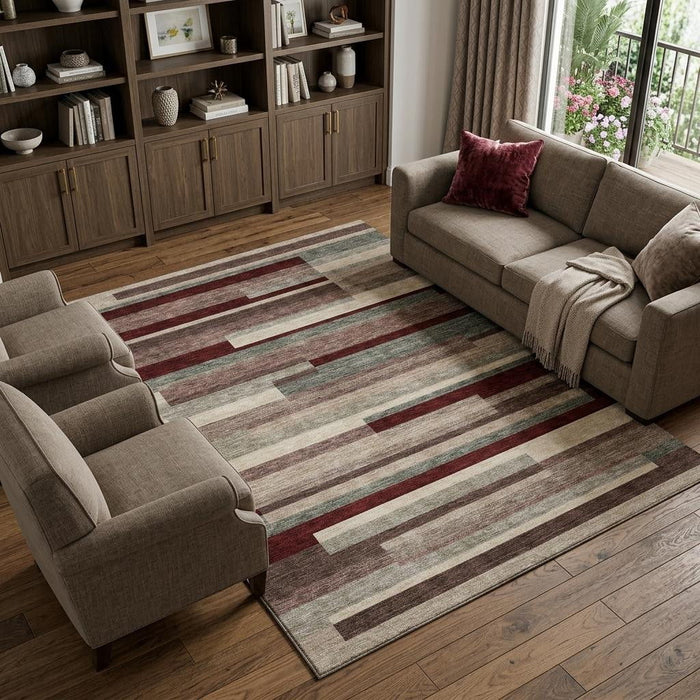 10' X 14' Striped Washable Area Rug With UV Protection (675798) - Merlot / Gray / Beige