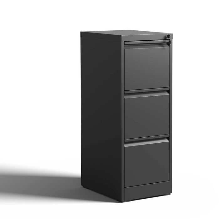 Giga steel vertical file cabinet with lock, designed for A4, legal, and letter-sized documents, featuring multiple drawers for secure storage.