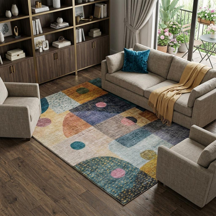 10' X 14' Geometric Washable Area Rug With UV Protection (684804) - Green / Teal / Orange / Purple