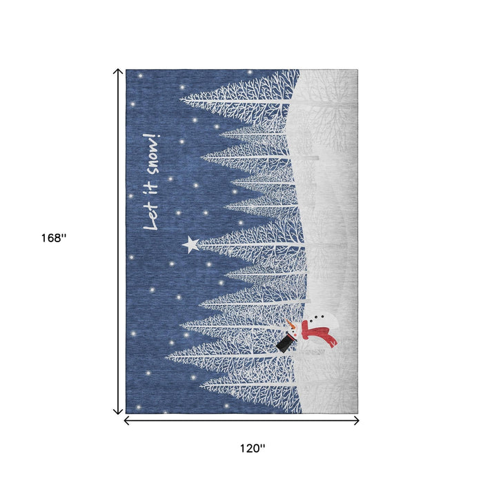 10' X 14' Winter Snowman Washable Area Rug With UV Protection (646475) - Blue / White