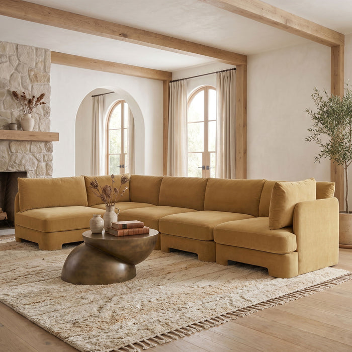 Meridian Furniture Hammond velvet performance fabric upholstered 5-piece L-shaped sectional sofa in a modern stationary design.