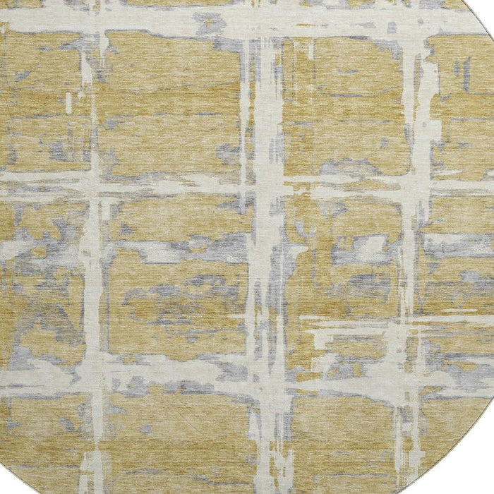 8' Striped Washable Round Rug With UV Protection - Gold