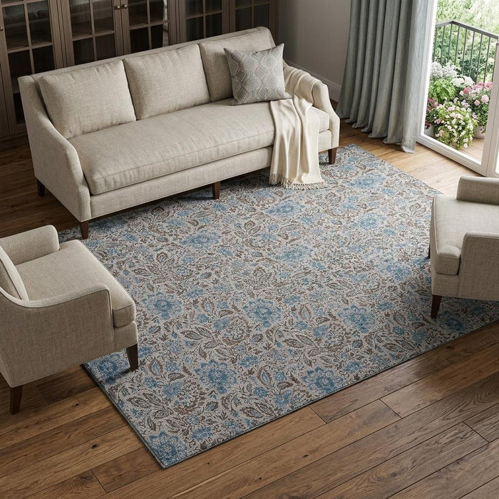 10' X 14' Floral Washable Area Rug With UV Protection (654994) - Coffee / Blue