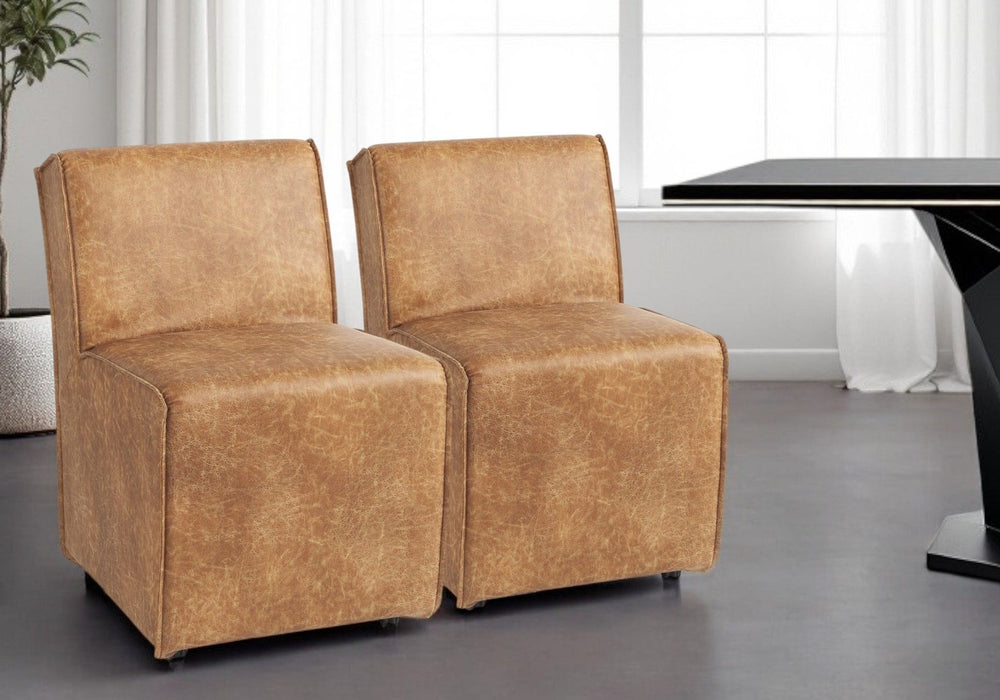 Upholstered Faux Leather Dining Side Chairs With Wheels (Set of 2) - Brown
