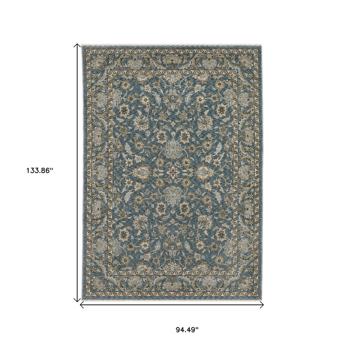 8' X 11' Oriental Area Rug With Fringe - Blue And Beige