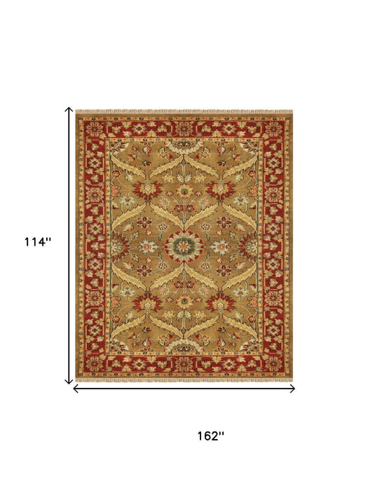9' X 13' Wool Oriental Hand Knotted Area Rug With Fringe (744393) - Brown / Red / Gold