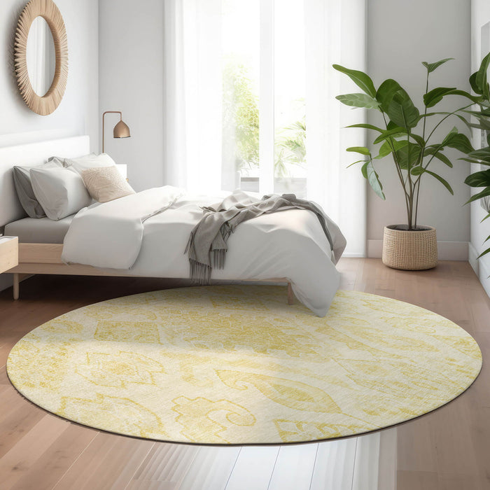 8' Moroccan Washable Round Rug With UV Protection - Gold And Ivory