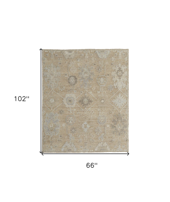 6' x 9' Wool Floral Hand Knotted Area Rug - Tan And Ivory