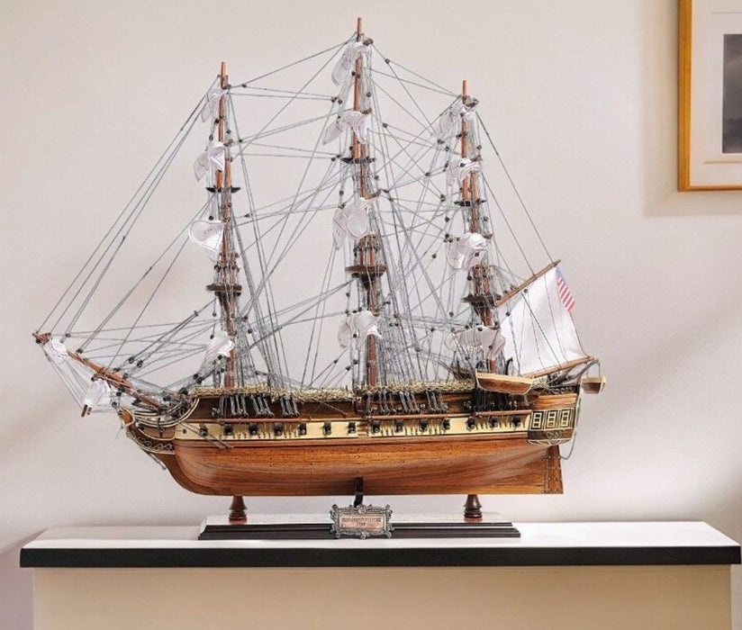 Hand Painted 1797 USS Constitution Medium Open Fron Display Case Model Boat - Brown