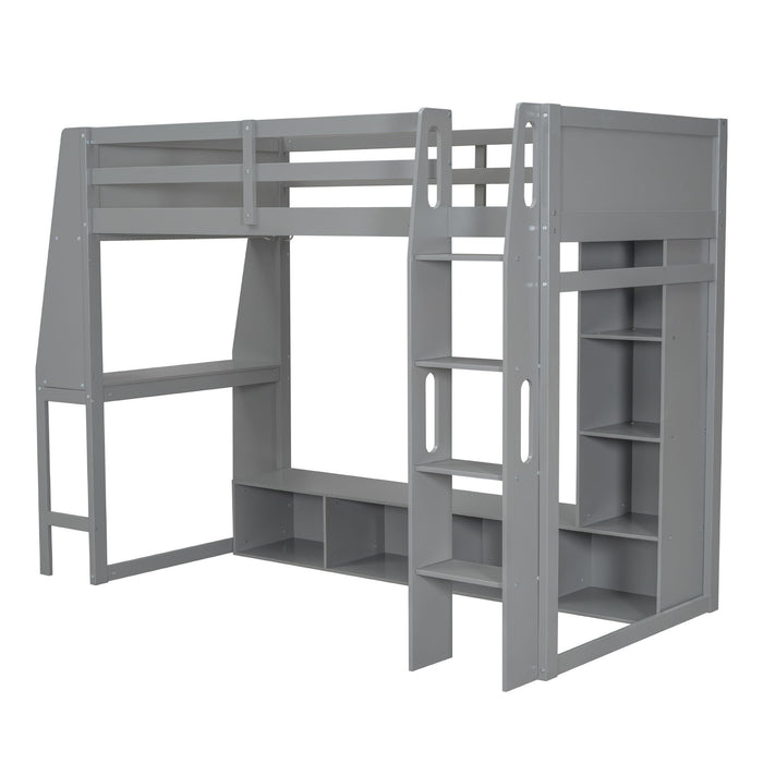 Giga gaming loft bed with desk, multi storage shelves, LED lighting, and hanging clothes rack, ideal for kids or teens.
