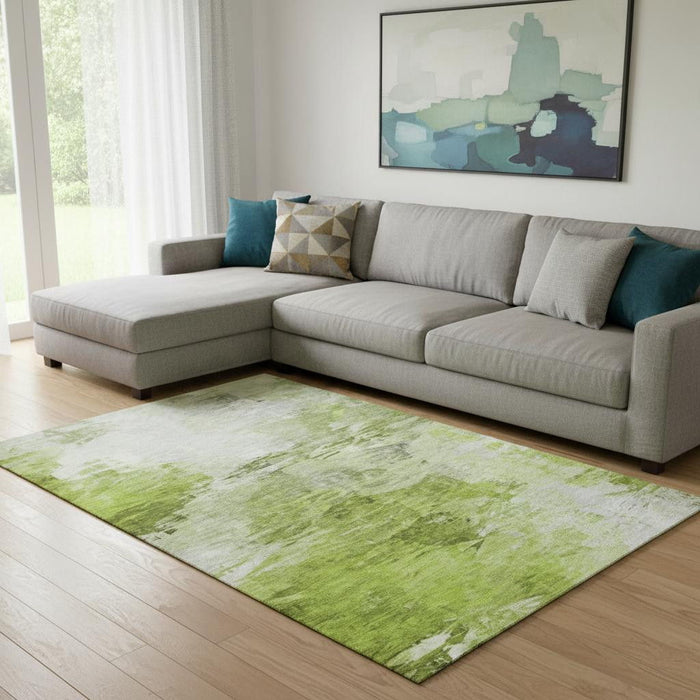 10' X 14' Abstract Washable Area Rug With UV Protection (650716) - Artichoke Green / Ivory