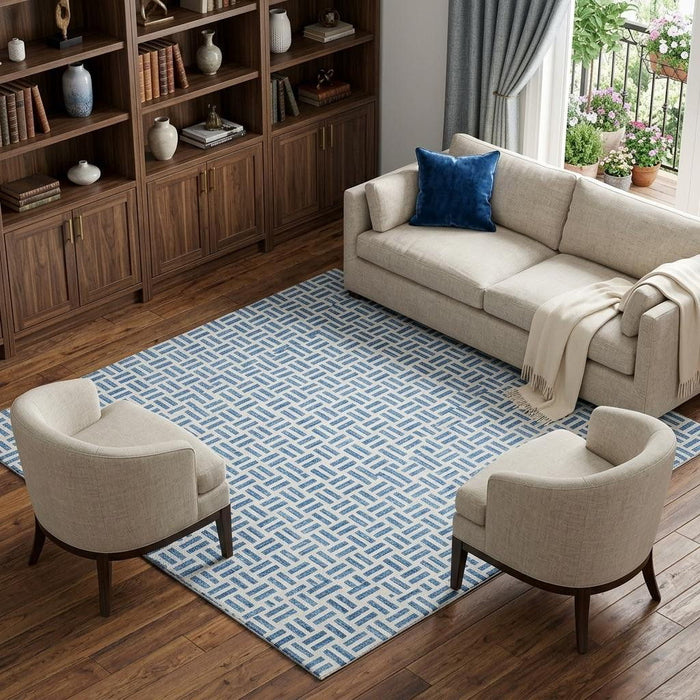 10' X 14' Geometric Washable Area Rug With UV Protection (677237) - Denim Blue / Ivory