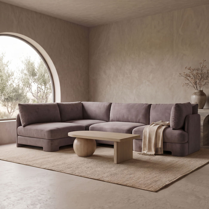 Meridian Furniture Hammond velvet performance fabric 4-piece armless sectional with plush cushions and modern design.