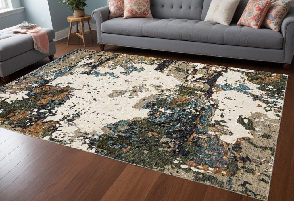9' x 12' Abstract Power Loom Area Rug - Blue Brown And Ivory