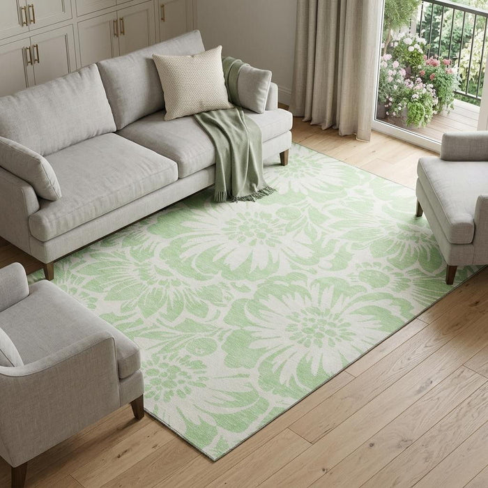9' X 12' Floral Washable Area Rug With UV Protection (648663) - Mint Green / Ivory