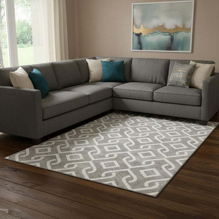 10' X 14' Geometric Washable Area Rug With UV Protection (652599) - Taupe / Ivory