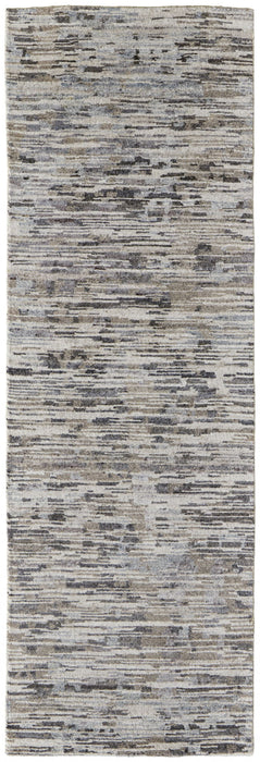 8' Wool Abstract Hand Knotted Runner Rug - Gray Blue And Silver