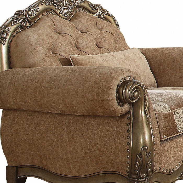 Linen Damask Tufted Arm Chair And Toss Pillow - Brown And Champagne
