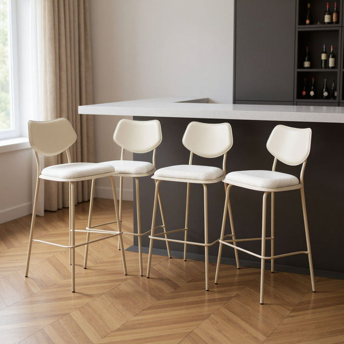 Set of four light gray fabric faux leather bar height stools with metal legs, designed for modern bar or kitchen counter seating.