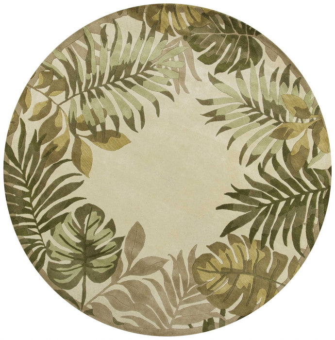 8' Hand Tufted Bordered Tropical Leaves Round Indoor Area Rug - Ivory
