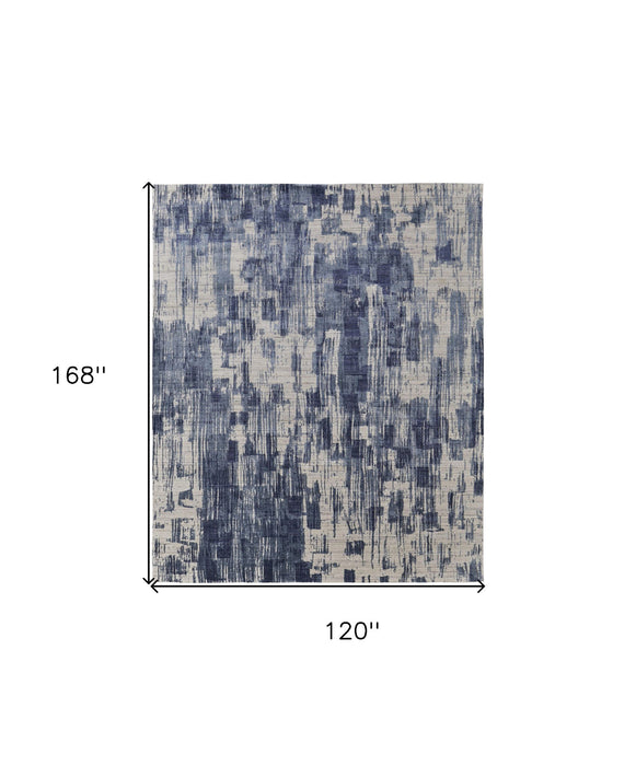 10' x 14' Abstract Hand Woven Worn Faded Area Rug - Blue And Ivory