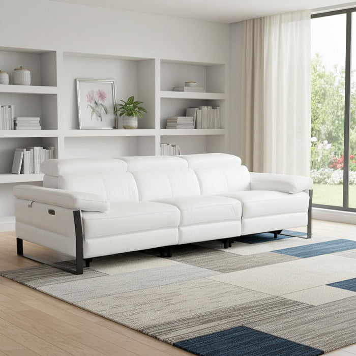 Top Grain Leather Reclining Metal USB Sofa (720328) - White
