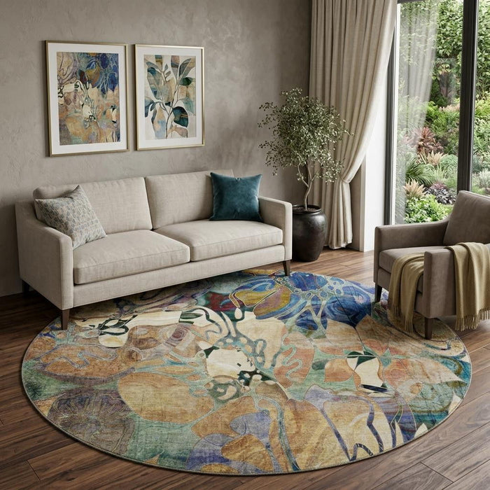 8' Abstract Distressed Washable Round Rug With UV Protection (648961) - Beige / Blue / Purple
