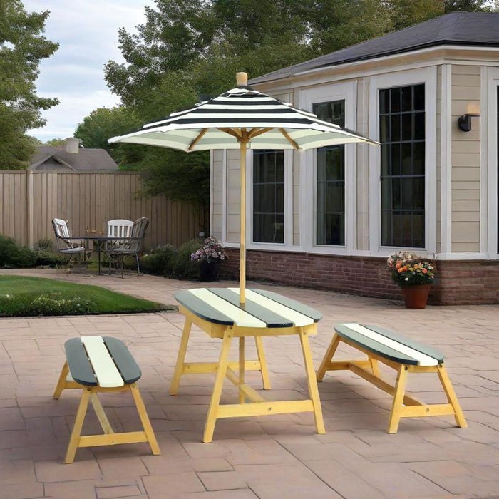 Giga Naturally Playful kids picnic table with umbrella, blue and white striped table and chairs set for indoor and outdoor fun