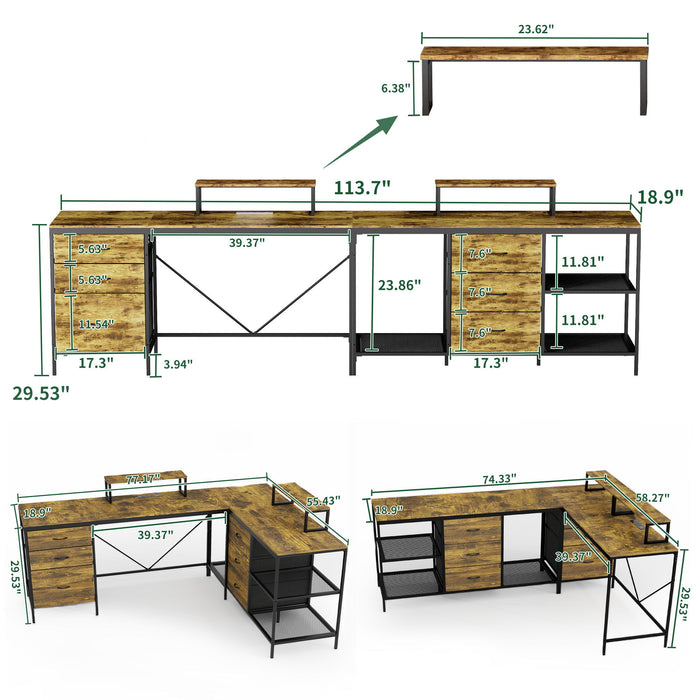Brown Giga industrial L-shaped corner desk with power hub, six drawers, and adjustable monitor stands for a modern workspace.