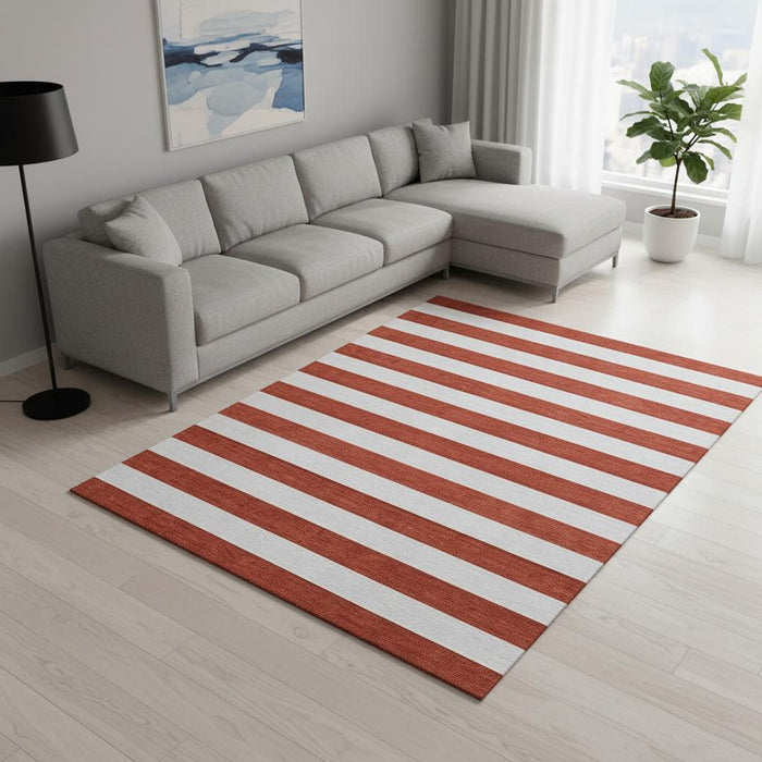 8' X 10' Striped Washable Area Rug With UV Protection (647648) - Red / Ivory