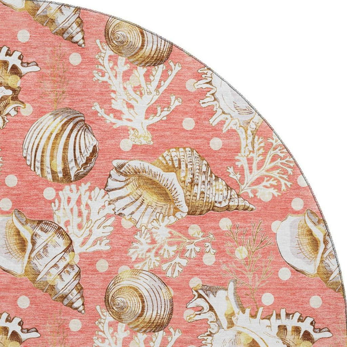 8' Coastal Geometric Washable Round Rug With UV Protection - Peach