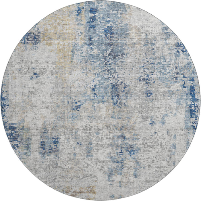 8' Abstract Washable Round Rug With UV Protection - Blue / Ivory