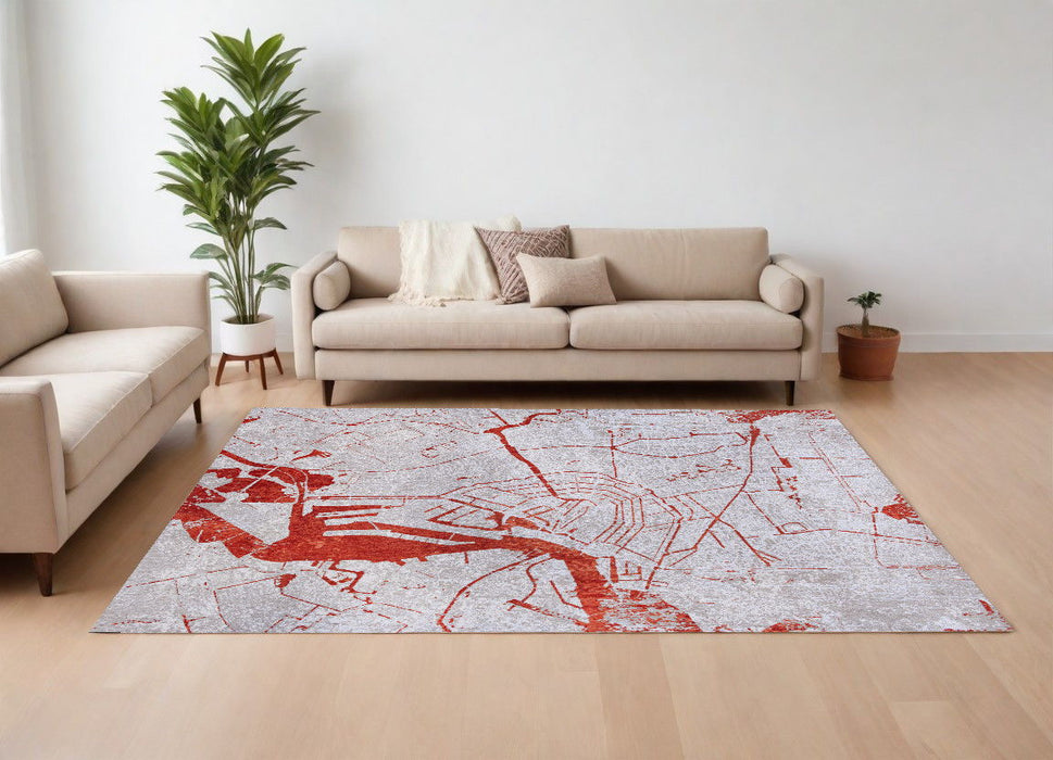 7' x 9' Abstract Non Skid Area Rug - Red And White