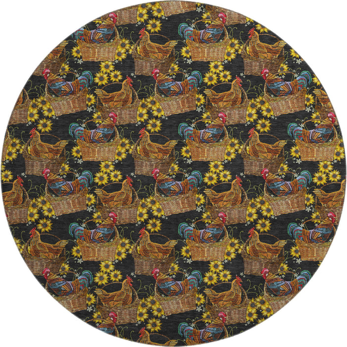 8' Cottage Animal Print Washable Round Rug With UV Protection - Midnight