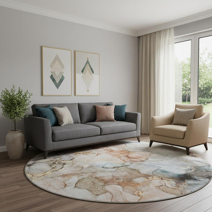 8' Abstract Washable Round Rug With UV Protection (647287) - Beige / Gray / Ivory