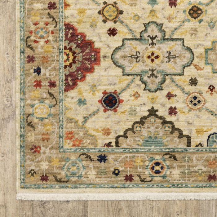 10' x 13' Oriental Power Loom Stain Resistant Area Rug With Fringe - Beige Pale Blue Rust Gold Tan Brown And Orange