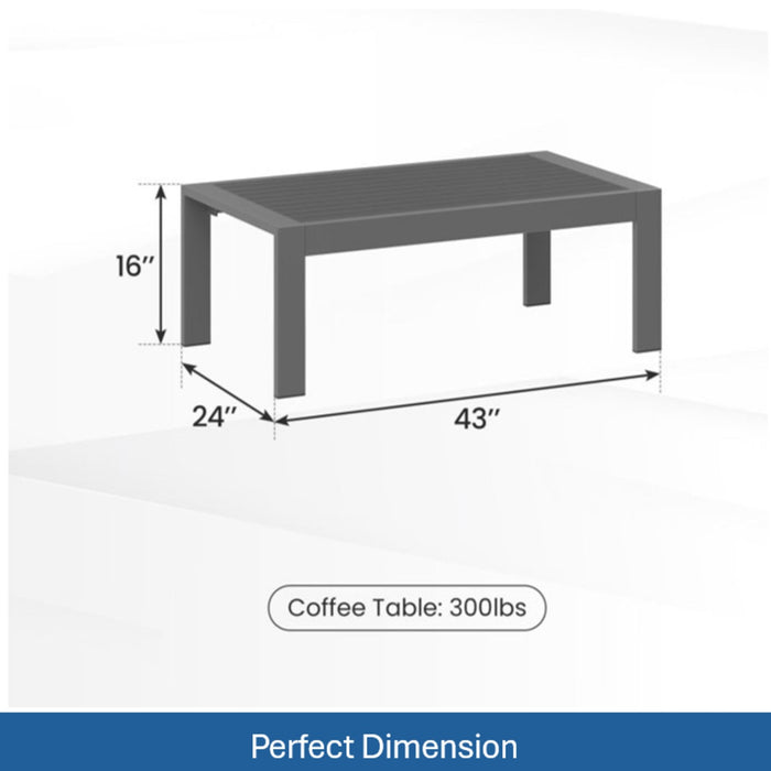 Giga all-weather outdoor coffee table with wood-look top, weather-resistant design, and sturdy frame for outdoor patio use.