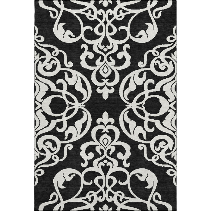 10' X 14' Damask Washable Area Rug With UV Protection (676902) - Black / Ivory