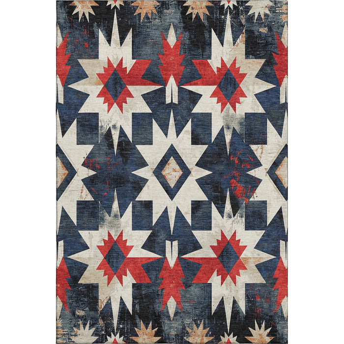 10' X 14' Diamond Washable Area Rug With UV Protection (707203) - Navy Blue / Red / Ivory