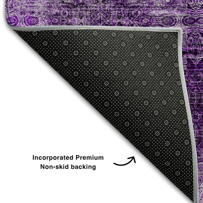 10' X 14' Floral Medallion Distressed Washable Area Rug With UV Protection (648922) - Eggplant / Ivory