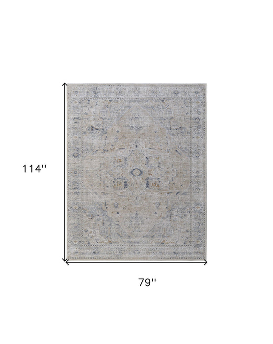 7' x 10' Oriental Power Loom Worn Faded Area Rug With Fringe - Ivory Taupe And Blue